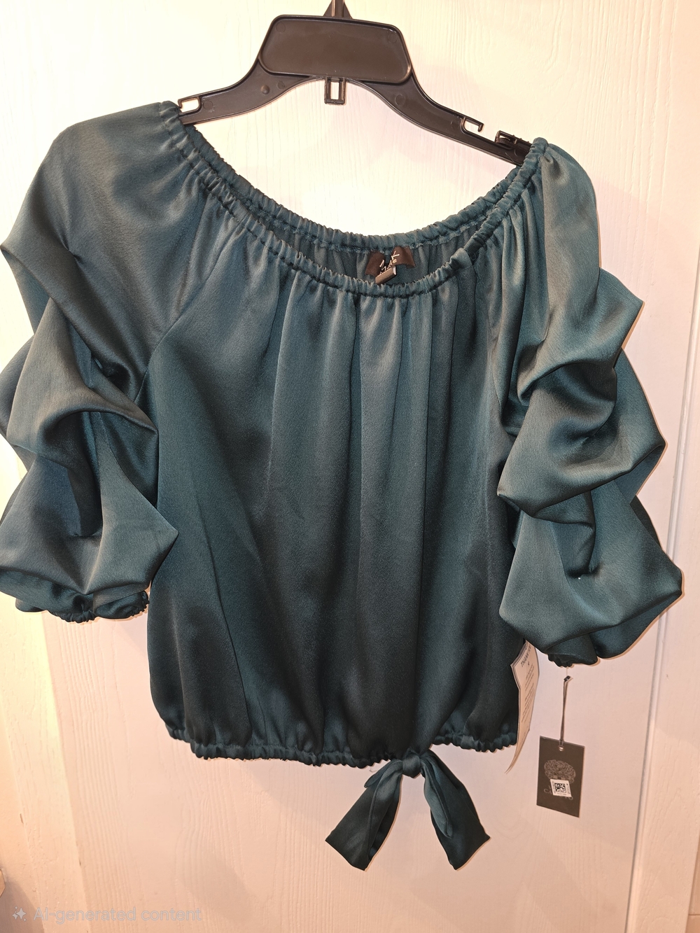 MSK by Macy's Teal Satin Off-Shoulder Puff Sleeve Tie-Hem Top